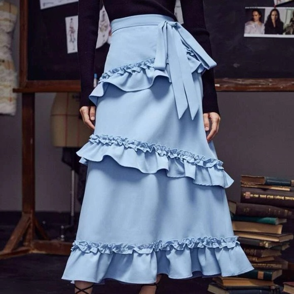 Pompi García Dresses & Skirts - Pompi García Dusty Blue Ruffle Knot Front Maxi Skirt | XS | NWT